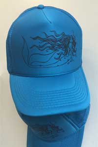 blue ball cap with black design